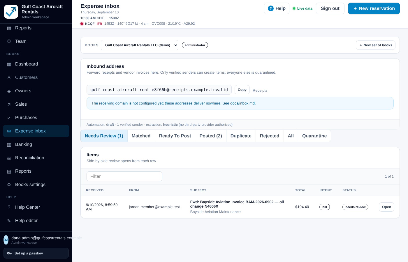 Expense inbox: the dedicated inbound address for a set of books, a note that only verified senders can create items, automation mode draft, and one item needing review, a forwarded vendor invoice for an oil change with its total and intent.