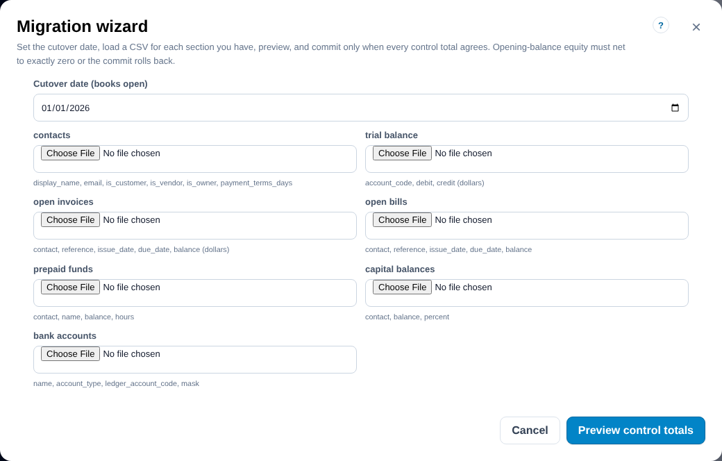 Books migration wizard: the cutover date, a CSV picker for each section (contacts, trial balance, open invoices and bills, prepaid funds, capital balances, bank accounts) with its columns, and a Preview control totals button.