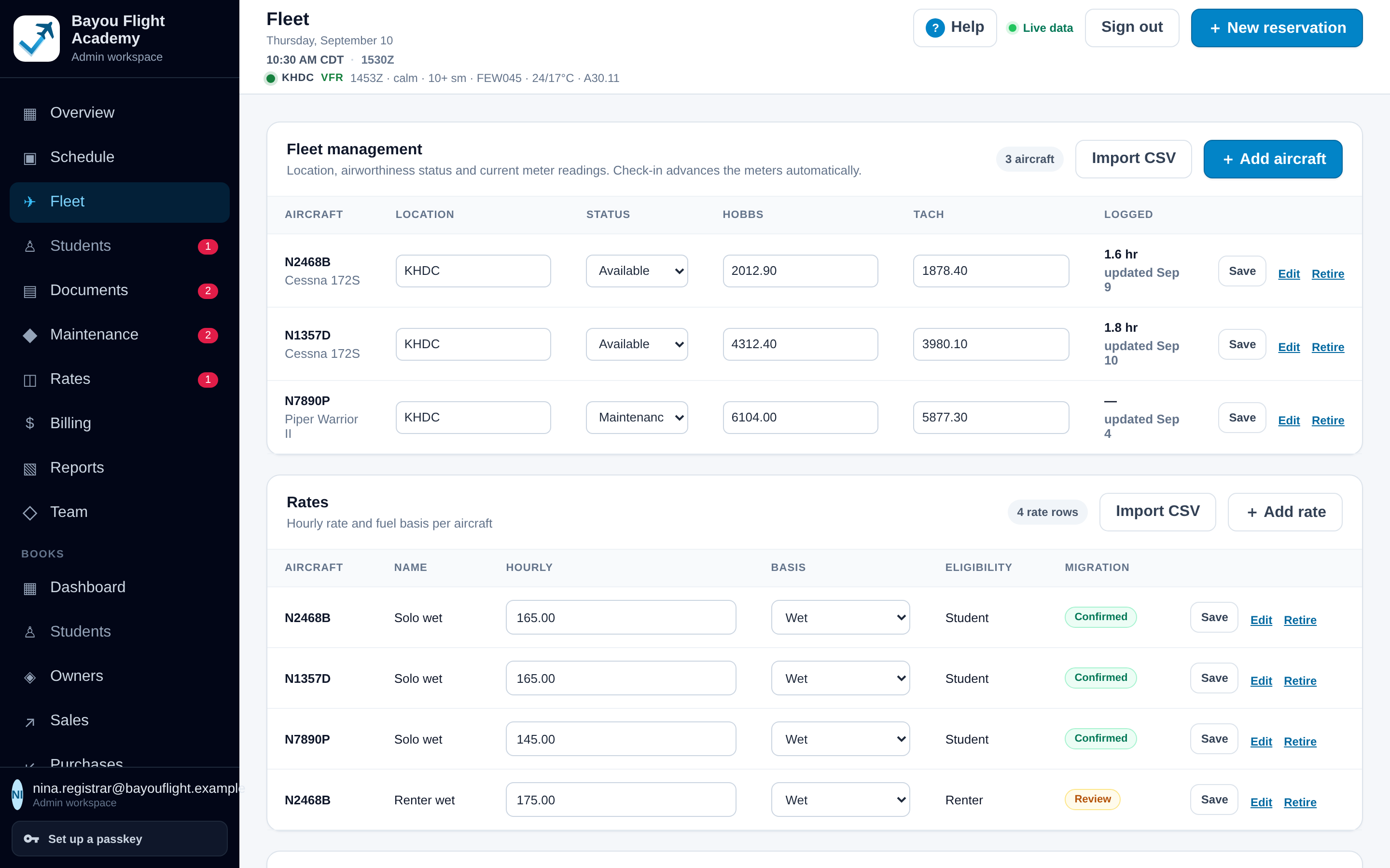 Fleet page listing each aircraft with location, status, current Hobbs and tach and hours logged, then the rates table with hourly rate, basis, eligibility and a confirmed or review state for each rate.