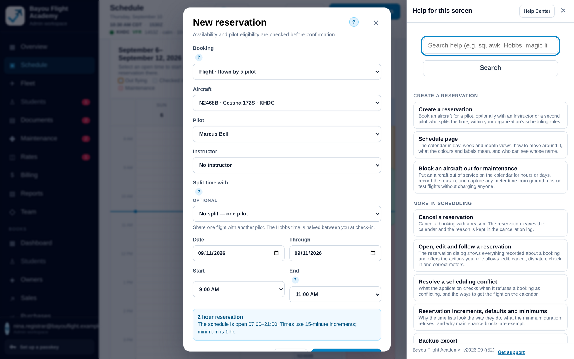 The New reservation dialog with the help drawer open beside it: a search box, articles for creating a reservation, the schedule page, blocking an aircraft for maintenance, cancelling, resolving a conflict, and a Get support link.