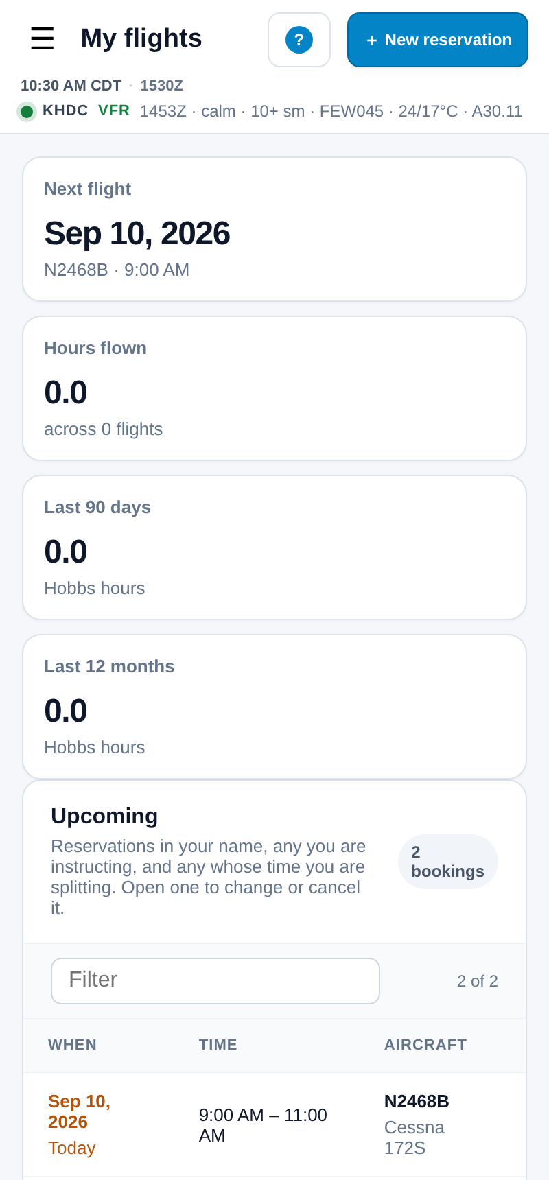 My flights on a phone: next flight, hours flown, Hobbs hours for the last 90 days and 12 months, and upcoming bookings with date, time and aircraft.