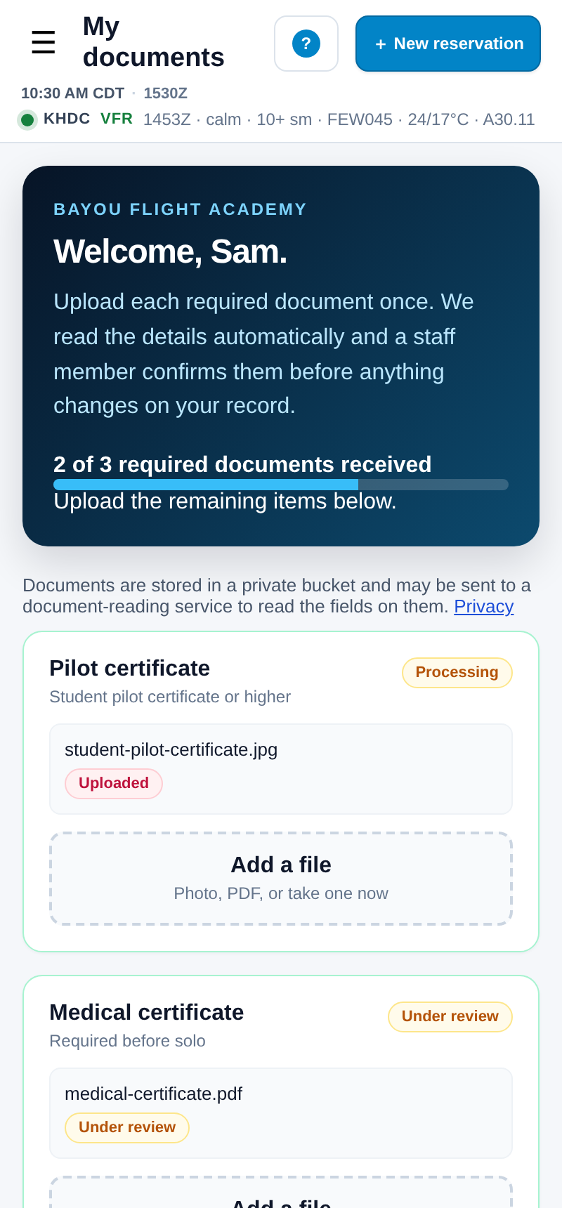 My documents on a phone: Welcome, Sam, a progress bar reading 2 of 3 required documents received, a note on how documents are stored with a Privacy link, and cards for pilot certificate and medical certificate with Add a file buttons for a photo or PDF.