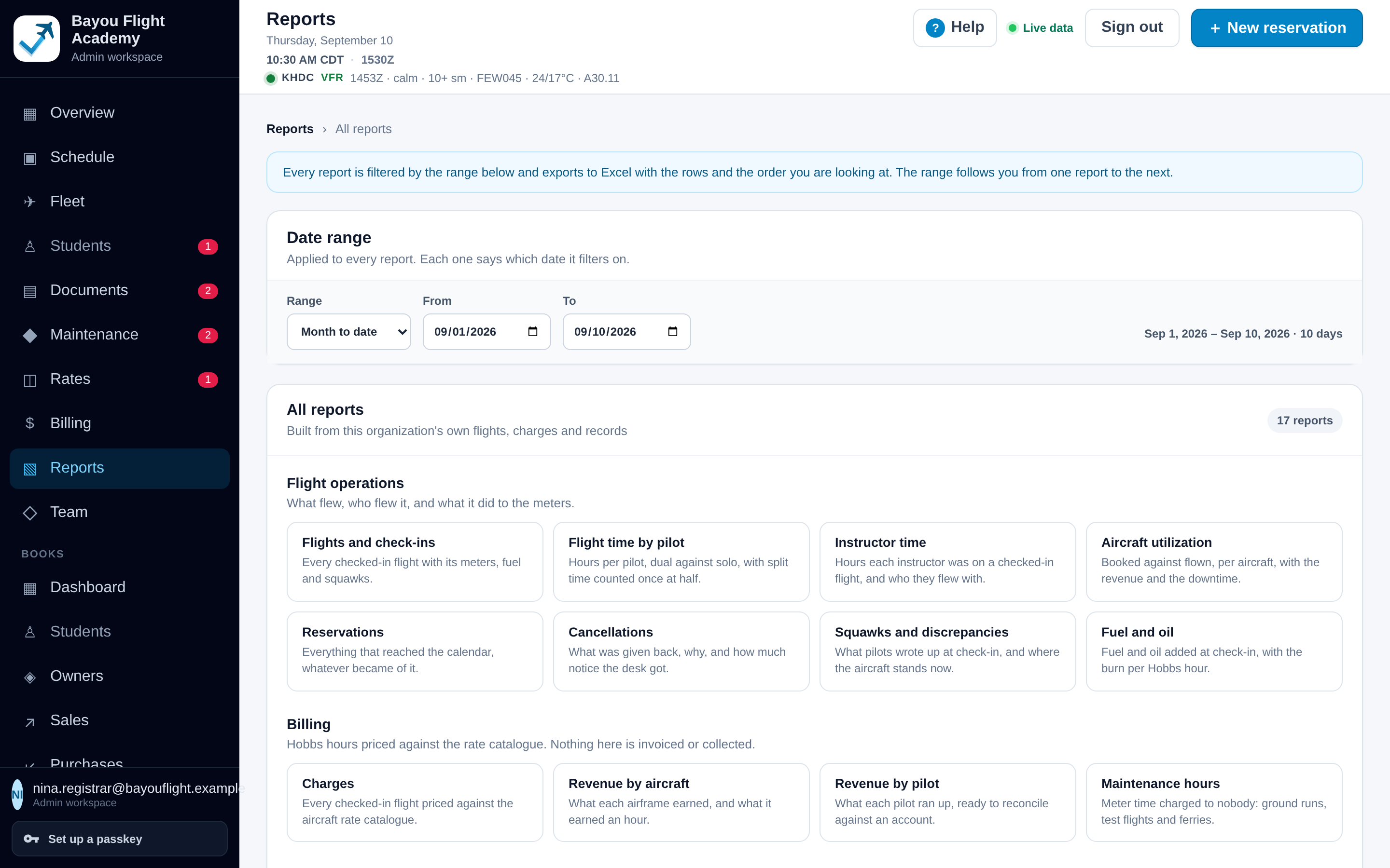 Reports index: a date range that applies to every report, then 17 reports grouped by area, with the flight operations and billing cards in view.