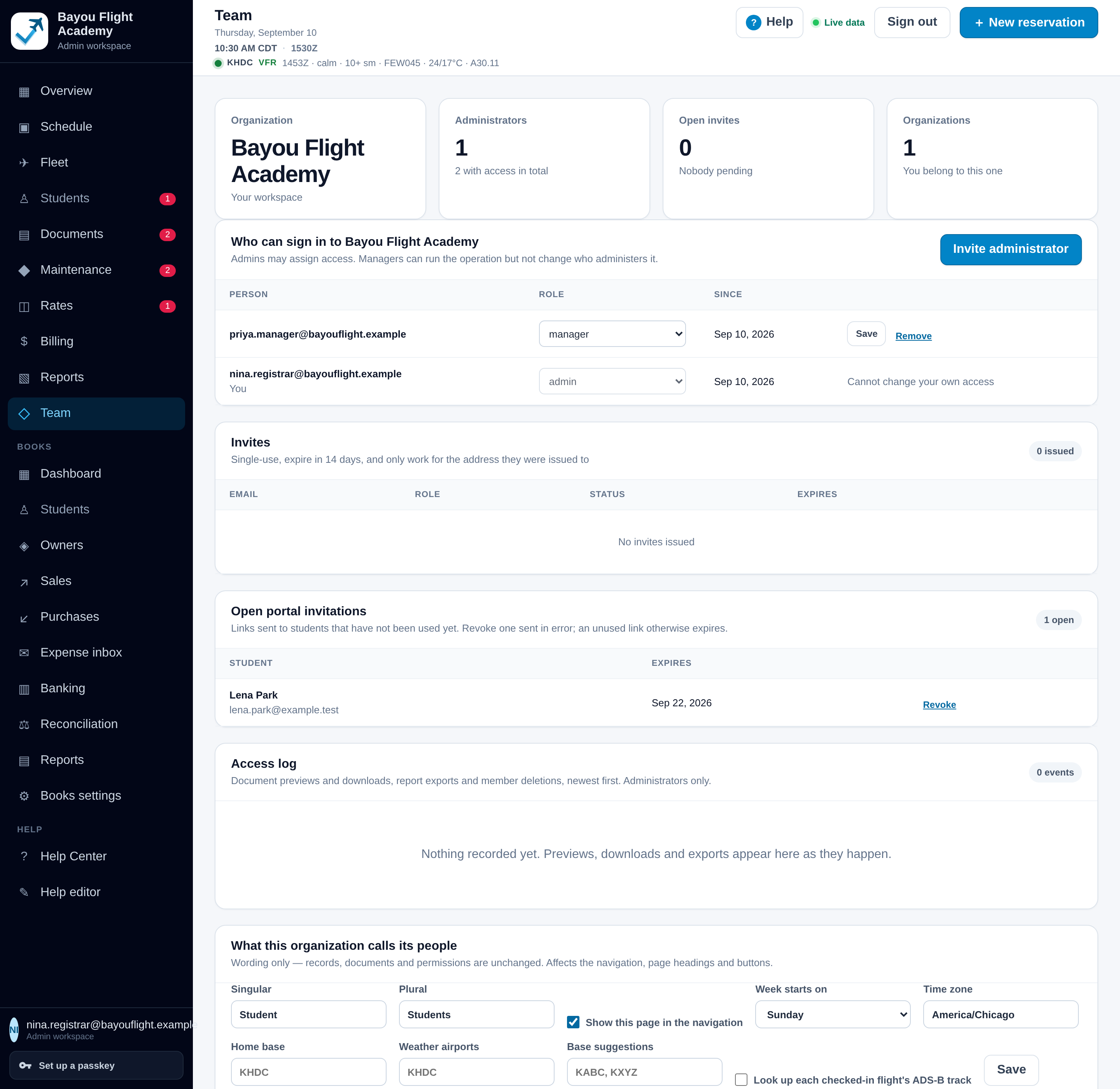 Team page: the organization, administrator and invitation counts, members with their roles, an empty invites table, one open portal invitation for a student, an empty access log, and the organization's wording for its people (Students).